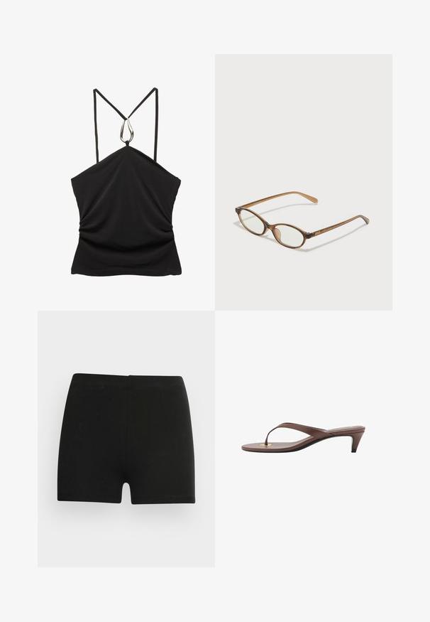 Čierny bezramienkový top s výstrihom do V a tenkými ramienkami, zdobený strieborným slzičkovým akcentom na výstrihu a s nabrúsenou textúrou na prednej strane.; Čierne bavlnené šortky so priliehavým strihom a elastickým pásom. Hladká textúra, dĺžka do polovice stehna a žiadne viditeľné vzory ani akcenty.; Hnedá platformová žabková sandála s úzkym remienkom a zaobleným prstom, s malým zlatým akcentom na podrážke.; Hnedé želvovinové okuliare s oválnymi sklíčkami, tenkými ramenami a priesvitnými akcentmi. Obsahujú jemný logo na stranici. Štýlový, ľahký dizajn.; Stradivarius SET - Náramok - dark brown