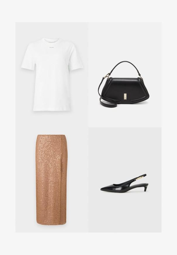 Baltas medvilninis marškinėliai su apykakle, trumpomis rankovėmis ir mažu juodu "Calvin Klein" logotipu krūtinėje. Paprastas dizainas, be raštų.; Perlojuostė midi sijonas šviesiai bežiniu atspalviu su blizgučių raštu, turintis tiesią siluetą ir šoninius įpjovimus, suteikiančius detalumo ir judėjimo.; Juodas odinis pavasario batelių modelis su smailiu nosiu, turintis siaurą kulniuką ir auksinės spalvos akcentu reguliuojamoje juostoje. Lygi tekstūra.; Juoda odinė rankinė su struktūrizuotu dizainu, turi trumpą formą, viršutinę rankeną ir auksinius akcentus. Pridėtas reguliuojamas peties diržas.