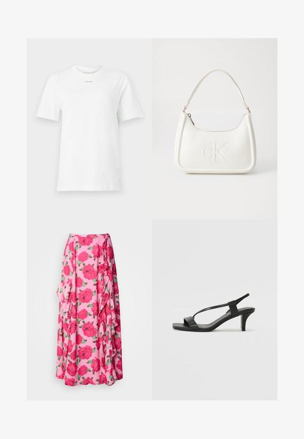 Fehér pamut póló, kerek nyakkal, rövid ujjakkal, és egy kis fekete "Calvin Klein" logóval a mellkason. Egyszerű dizájn, minták nélkül.; Virágos maxi szoknya rózsaszín anyagból, nagy, élénkpiros rózsákkal és zöld levelekkel. Az oldalán fodrokkal díszítve, ami extra textúrát ad.; Fekete magassarkú szandál vékony pántos kialakítással, négyzetes orral és közepes magasságú tömbsarkakkal. Sima bőrből készült, matt felülettel.; Fehér bőrtáska ívelt formájú, elöl feltűnő "CK" logóval, egyetlen vállpánttal. Cipzáras zárás a tetején.