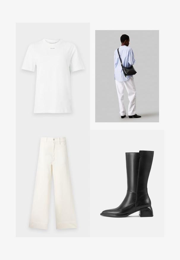 Valge puuvillane t-särk, millel on ümar kaelus, lühikesed varrukad ja rinnal väike must "Calvin Klein" logo. Lihtne disain, ilma mustriteta.; Laiad püksid heleses puuvillas. Omavad kõrget vööd, ees on taskud ja sirge lõige. Puhtad ääred ilma mustriteta.; Must muste põlve kõrguselt nahast saabas, millel on ruudukujuline toes, tagasihoidlik plokk konts ja minimaalne õmbluste detail, millel on sile ja läikiv viimistlus.; Must have mustras alasi nahkpatsi, pehme tekstuuriga, kolmnurkse kujuga ja reguleeritava rihmaga, koos helesinise triibulise särgi ja valgete pükstega.