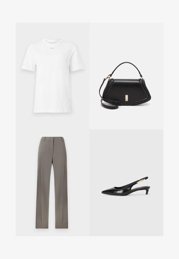 Balta kokvilnas T-krekls ar apaļu apkakli, īsām piedurknēm un mazu melnu "Calvin Klein" logotipu uz krūtīm. Vienkāršs dizains, bez rakstiem.; Pelēki pielāgoti bikses ar taisnu kāju dizainu, gludu priekšpusi un smalku tekstūru. Mīksta auduma un standarta josta ar jostu cilpām.; Melnas ādas slingback zābaki ar smailu purngalu, ar šauru papēdi un zelta krāsas akcentu uz regulējama siksniņas. Gluda tekstūra.; Melnas ādas roku soma ar struktūru, ar īsu formu, augšējo rokturi un zelta aksesuāriem. Iekļauta regulējama plecu siksna.