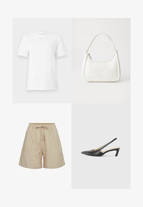 Biała bawełniana koszulka z okrągłym dekoltem, krótkimi rękawami i małym czarnym logo "Calvin Klein" na piersi. Prosty design, bez wzorów.; Beżowe, lekkie szorty z tkaniny z elastycznym paskiem w talii i sznurkiem do regulacji. Posiadają luźny krój oraz boczne kieszenie. Gładka tekstura.; Czarny but na obcasie typu slingback z ostro zakończonym noskiem, z niskim obcasem, wykonany z gładkiej skóry, z wycięciem po boku dla lepszej wentylacji.; Biała skórzana torebka o zaokrąglonym kształcie, z wytłoczonym logo "CK" z przodu i pojedynczym paskiem na ramię. Zapięcie na zamek z góry.