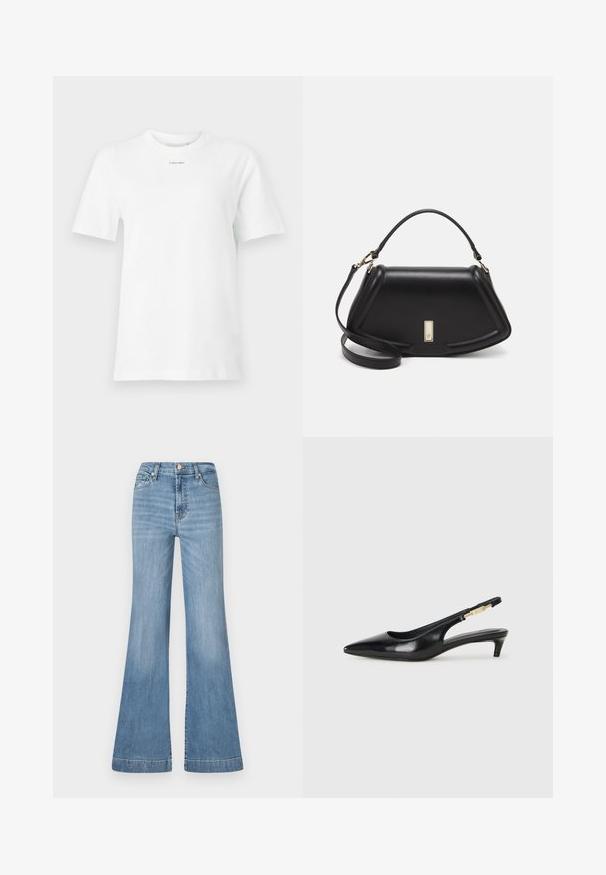 Fehér pamut póló, kerek nyakkal, rövid ujjakkal, és egy kis fekete "Calvin Klein" logóval a mellkason. Egyszerű dizájn, minták nélkül.; Világoskék, begombolt farmernadrág, magas derékkal, elöl zsebekkel és enyhén kopott szegéllyel a textúra érdekében.; Fekete bőr slingback magassarkúk, hegyes orral, vékony sarkakkal és arany színű részlettel a állítható pánton. Simа felület.; Fekete bőr kézitáska, strukturált dizájnnal, rövidített formával, felső fogantyúval és arany színű kiegészítőkkel. Állítható vállpánt is tartozik hozzá.