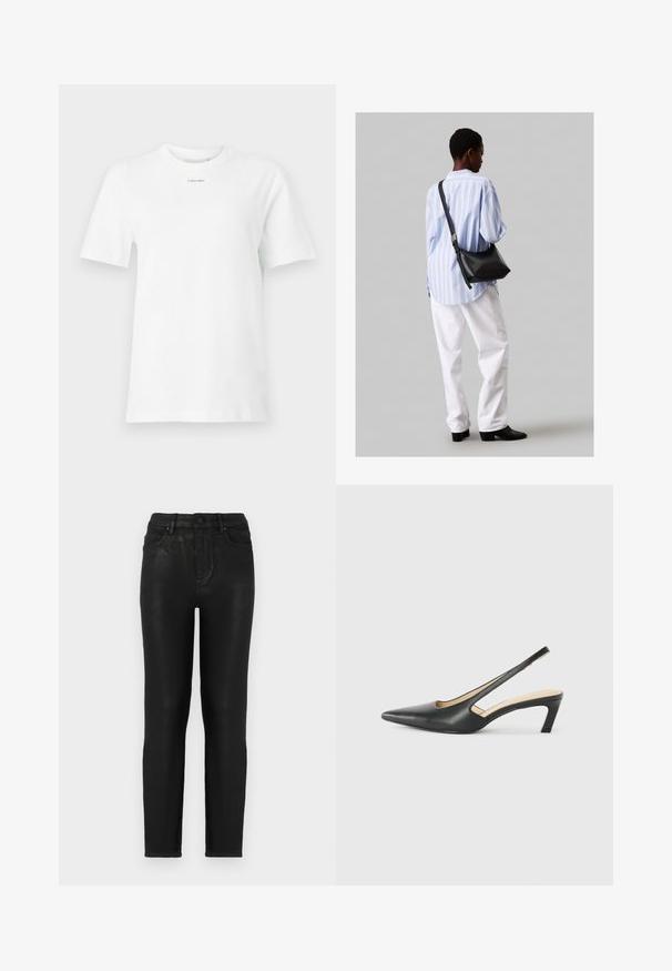 Fehér pamut póló, kerek nyakkal, rövid ujjakkal, és egy kis fekete "Calvin Klein" logóval a mellkason. Egyszerű dizájn, minták nélkül.; Fekete farmernadrág, slim fit szabással, magas derékkal, klasszikus öt zsebes dizájnnal és finom fénylő textúrával. Szabványos elülső gombos záródás.; Fekete, hegyes orrú, slingback cipő alacsony sarkával, sima bőrből készült, oldalt kivágott deisgnal a légáteresztőképesség érdekében.; Fekete bőr válltáska puha tapintással, háromszög alakú, állítható pánttal, világoskék csíkos inggel és fehér nadrággal párosítva.
