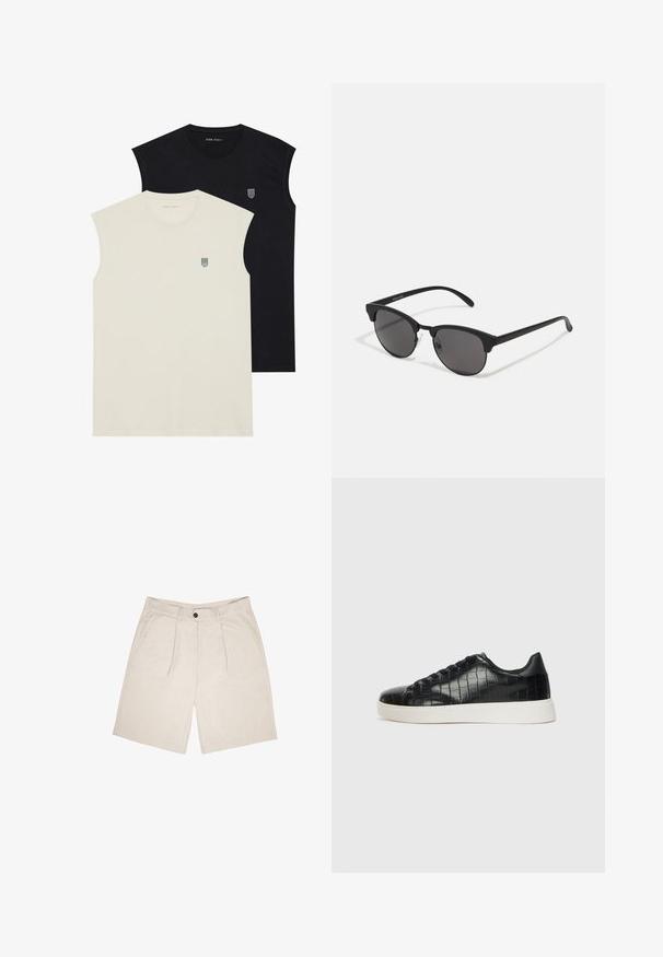 Twee mouwloze T-shirts: een crèmekleurig met een klein groen logo, de andere zwart met een wit logo. Zacht katoen, casual ontwerp.; Beige shorts gemaakt van zachte stof, met een vlakke voorkant met twee plooien, riemlussen en zijzakken. Enkele knoopsluiting bij de taille.; Zwarte sneakers met een gestructureerde leren bovenkant met krokodilpatroon, een ronde neus en een contrasterende witte rubberen zool met een gladde afwerking.; Zwarte zonnebril met ronde lenzen, matte afwerking en een kenmerkende cat-eye vorm. Slanke armen met subtiele branding op de linkertempel.
