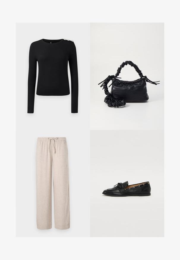 Juodas ilgomis rankovėmis, susiraukšlėjantis viršus su apvalia iškirpte ir trimis dekoratyvinėmis mygtukais ant kairiojo peties, rodomas ant vientiso fono.; Šviesiai smėliniai plataus kirpimo lininiai kelnės su elastingu juosmeniu ir raišteliu. Pasižymi lygiu tekstūru ir kasdieniu dizainu.; Juodi odiniai loafai su surišta mazgeliu, su auksinėmis akytėmis šoninėse dalyse ir plokščiu guminiu padu. Lygus paviršius, klasikinis dizainas.; Juodas dirbtinės odos rankinė su krokodilo tekstūra, sušnibždinta viršuje ir susikraipytu dirželiu. Atrodo minkšta ir kompaktiška.