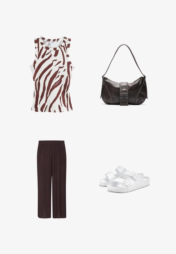 Ribbed tank top in cream with bold brown zebra stripes. Round neckline and sleeveless design. Features a slim fit and stitched hem.; Dark brown wide-leg pants featuring a textured fabric, an elastic waistband, and a relaxed silhouette with no visible patterns or accents.; White sandals with two adjustable straps, featuring a textured upper and smooth rubber sole. Minimalist design and secure buckles.; Brown leather shoulder bag with a curved shape, featuring a prominent buckle detail, contrasting stitching, and a single shoulder strap.; Gold hoop earrings with a slender, open-loop design. Smooth texture with a polished finish, featuring no embellishments or patterns.