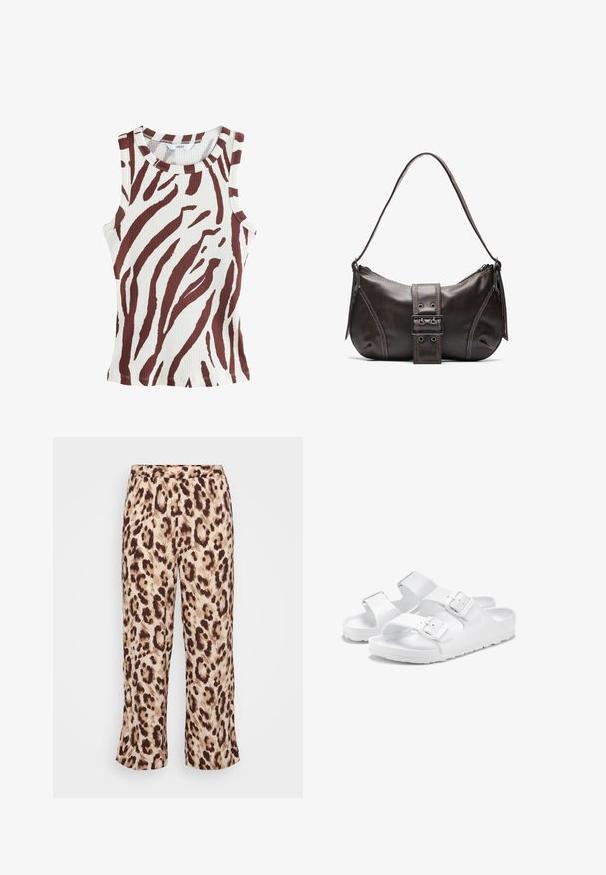 Ribbed tank top in cream with bold brown zebra stripes. Round neckline and sleeveless design. Features a slim fit and stitched hem.; Leopard-print pants with an elastic waistband, featuring a blend of beige and brown hues. Fabric has a smooth texture; cropped leg design.; White sandals with two adjustable straps, featuring a textured upper and smooth rubber sole. Minimalist design and secure buckles.; Brown leather shoulder bag with a curved shape, featuring a prominent buckle detail, contrasting stitching, and a single shoulder strap.; Gold hoop earrings with a slender, open-loop design. Smooth texture with a polished finish, featuring no embellishments or patterns.