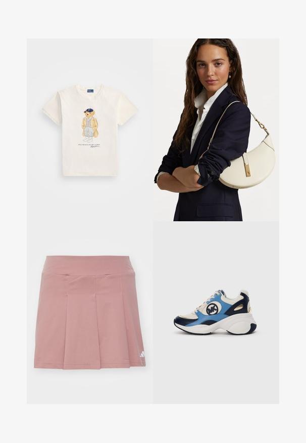 Kremasta pamučna majica s grafičkom ilustracijom medvjeda u jakni i kapi, s natpisom ispod koji glasi "POLO MEDVJED od RALPH LAUREN-a."; Roza atletska suknja s uskim pojasom i nabranim dizajnom. Izrađena od lagane tkanine, s detaljem logotipa u donjem kutu.; Bijele, mornarskoplave i svijetloplave suede tenisice s debelim potplatom i okruglim vezom na strani.; Bijela kožna torba sa zakrivljenim oblikom, zlatnim detaljima i teksturiranom površinom, nošena preko tamnog sakoa i bijele košulje.