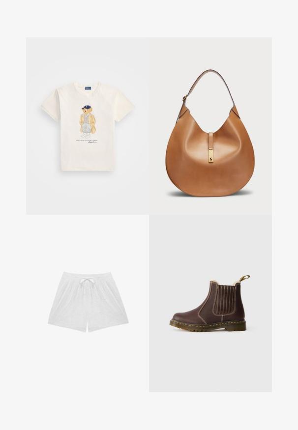 Crème katoenen T-shirt met een grafische illustratie van een beer in een jas en pet, met daaronder de tekst "POLO BEAR by RALPH LAUREN."; Witte katoenen shorts met een elastische tailleband en een trekkoord, versierd met bloemenborduursel en een ademende textuur.; Bruine leren Chelsea-boot met gele stiksels, elastische zijpanelen, voering van bont en doorzichtige rubberen zool op een witte achtergrond.; Tan leren handtas met een gebogen vorm en een brede schouderband. Heeft een gouden metalen accent in het midden en een gladde textuur.