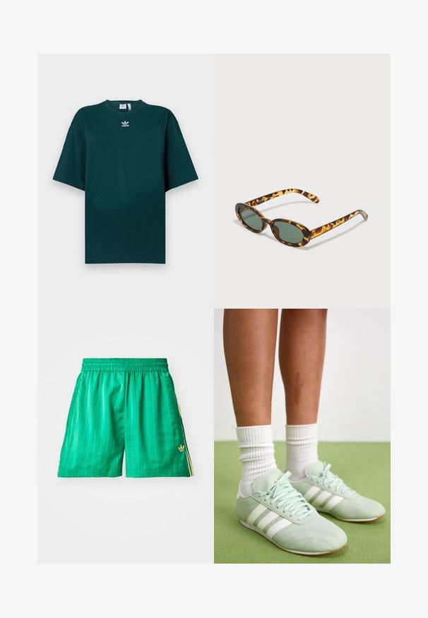 T-shirt de algodão oversize verde escuro com mangas curtas e decote redondo, com o logótipo da Adidas em branco no peito.; Calções de desporto verdes com riscas verticais brancas, cintura elástica e pormenores laterais amarelos. Apresenta um pequeno logótipo dourado na parte inferior esquerda.; Ténis de desporto verde menta com riscas brancas, textura de pele suave, bico arredondado e sola em borracha, combinados com meias brancas caneladas.; Óculos de sol de tartaruga com armações ovais, lentes verde-escuras e hastes delgadas. Apresenta um logótipo subtil na haste.