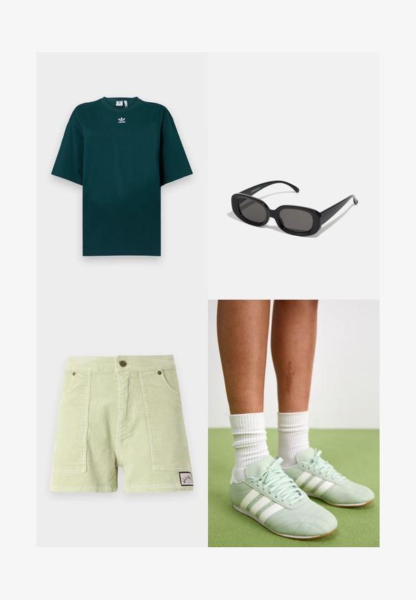 Tricou supradimensionat verde închis din bumbac, cu mâneci scurte și decolteu rotund, având un logo Adidas alb pe piept.; Sicri din fustă din corduroy de culoare verde deschis, cu o textură în dungi, două buzunare frontale, un eticheta pe spate și buton metalic.; Pantofi sport mint cu dungi albe, textură de piele netedă, vârf rotunjit și talpă din cauciuc, asortați cu șosete albe cu model în relief.; Ochelari de soare dreptunghiulari negri cu lentile întunecate. Ramă groasă din plastic, textură netedă și colțuri rotunjite. Temele elegante se extind în exterior.