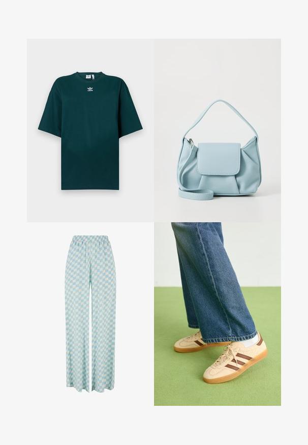 Tumeheline, liibuvast vabam puuvillane T-särk lühikeste varrukate ja ümaraga, mille rinnal on valge Adidas logo.; Heledad sinine laiad püksid, millel on vahelduvad tooni ruudulised mustrid ja mugav elastne vöökoht.; Beežid spordijalatsid tekstuursete kreemjatest paneelidest ja pruunidest triipudest, koos siniste denim pükstega. Püksid on avara säärega ja narmendava äärega.; Heledad sinine nahkrahakott ülemise käepidemega, esiküljel klapiga tasku ja eemaldatav randmepael valgel taustal.