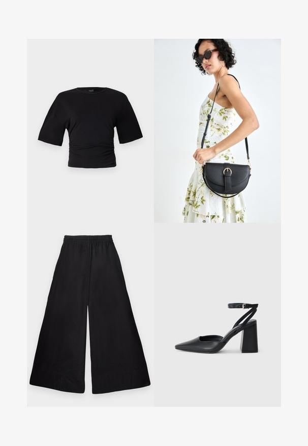 Gina Tricot SOFT TOUCH RUCHED TEE - Tricou basic - black; Pantaloni negri largi, dintr-un material neted și ușor, având un tiv elastic și un design curat, minimalist, fără modele.; Pantofii cu toc ascuțit din piele neagră, cu breteaua pentru glezne și toc gros. Textură netedă, design elegant și estetică minimală.; Geantă din piele neagră, cu o formă curbată, curea detașabilă și accesorii aurii. Geanta are un capac cu un detaliu tip cataramă.