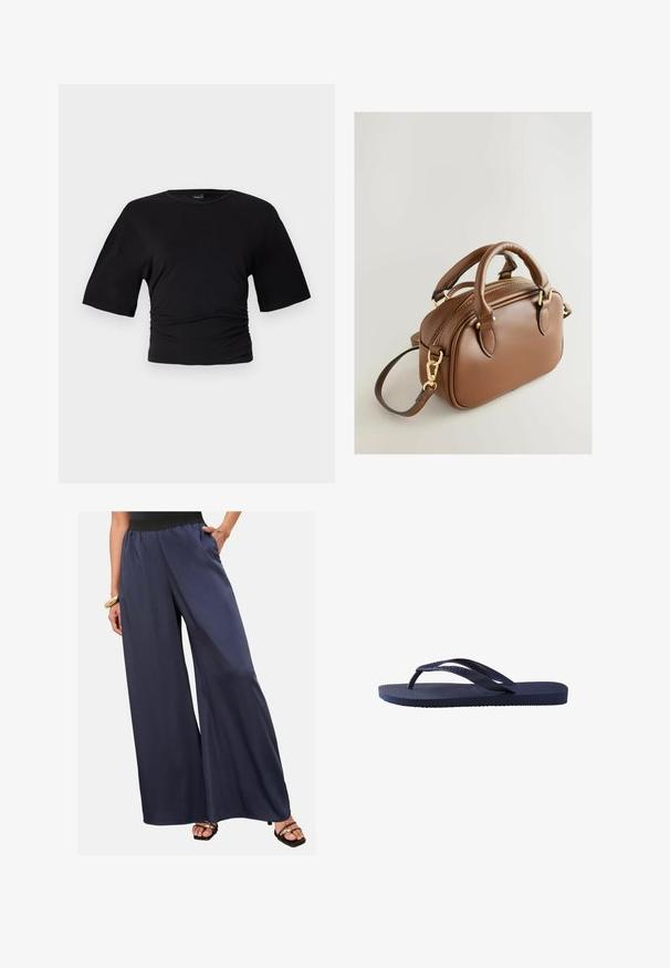 Gina Tricot SOFT TOUCH RUCHED TEE - Paprasti marškinėliai - black; Moteris vilkinti mėlynas plačias kelnes su juodu elastingu diržu, stojanti su viena ranka kišenėje ir juodais atvirais sandalais.; Naktinė mėlyna šlepetė su tekstūruotomis gumos dirželiu ir padu, su banginiu raštu ant dirželių ir plokščiu, briaunotu padu.; Next BOWLER CHARM - Rankinė - tan brown; Aukso grandinėlė su tarpusavyje susijungusiais žiedais ir poliruotu širdies žavesiu, turinčiu užsegimą. Lygus paviršius ir blizgus apdaila.