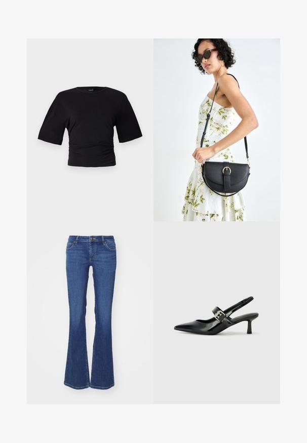 Gina Tricot SOFT TOUCH RUCHED TEE - T-paita - black; Siniset farkut, joissa on leveä lahje ja normaali vyötärö. Eroava teknikointi ja viisi taskua. Tasainen pinta, klassinen istuvuus.; Musta patenttinaahkakengät, joissa on osoittava kärki ja pieni lohko korko, varustettuna hopeisella soljella hihnassa.; Musta nahkainen käsilaukku, joka on kaareva muotoilultaan, irrotettavalla hihnalla ja kultaisilla yksityiskohdilla. Laukussa on läppä, jossa on solk yksityiskohta.