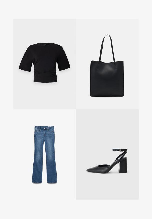 Gina Tricot SOFT TOUCH RUCHED TEE - T-shirt basic - black; Blauwe denim flared jeans met een middelhoge taille, twee voorzakken en een gestikte tailleband. Zachte textuur en traditioneel vijfzakkenontwerp.; Zwarte leren puntige pump met een enkelbandje en een chunky hak. Vlakke textuur, strakke vormgeving en minimalistische esthetiek.; Zwarte leren handtas met een gladde textuur, rechthoekige vorm en twee lange handvaten. Geen zichtbare hardware of versieringen.
