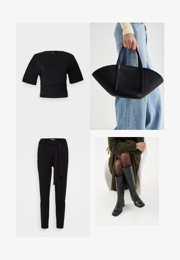 Gina Tricot - T-shirt basic; Czarne zwężane spodnie wykonane z miękkiego materiału, z elastycznym pasem i materiałowym paskiem oraz dwiema kieszeniami z przodu. Gładka tekstura i minimalny design.; Kozaki skórzane do kolan w kolorze czarnym, z kwadratowym noskiem i słupkowym obcasem, pokazane na modelce siedzącej w oliwkowej zielonej kurtce. Gładka tekstura, minimalne detale.; Czarna skórzana torebka w unikalnym kształcie wachlarza, z płaskimi uchwytami. Powierzchnia ma fakturę kamyków i minimalistyczny design.