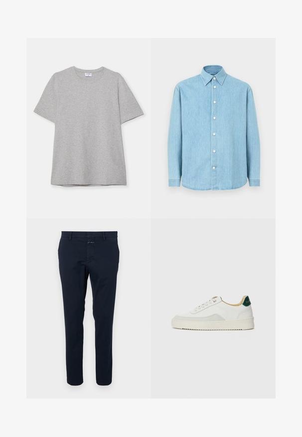 Siva kratka majica s kratkimi rokavi, narejena iz mehke, teksturirane tkanine. Ima klasičen okrogli ovratnik in ravno spodnjo rob, primerna za vsakdanje nošenje.; Svetloplavi traper s dugim rukavima košulja s dugim rukavima i uskim ovratnikom, s bijelim gumbima, prikazana na jednobojnoj pozadini.; Mornarsko modri bombažni chinos s ožjim krojem, ravnim sprednjim delom in zadrgo. Ima stranske žepe in zadnji žep z majhno oznako blagovne znamke.; Bela trenerka z zaključki iz semiša, okroglo konico, ravne vezalke in kremna gumijasta podplata. Ima zeleno blagovno znamko na peti.