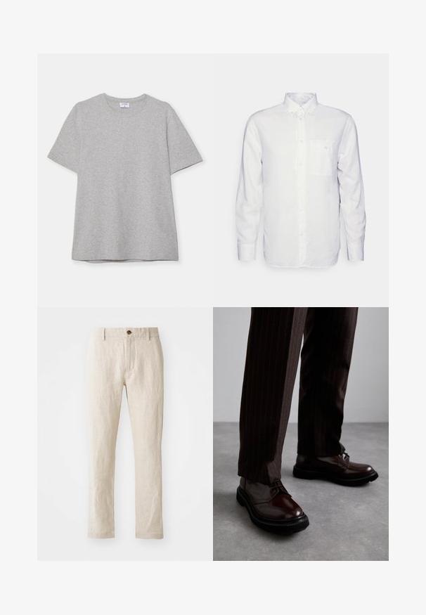 Siva kratka majica s kratkimi rokavi, narejena iz mehke, teksturirane tkanine. Ima klasičen okrogli ovratnik in ravno spodnjo rob, primerna za vsakdanje nošenje.; Bela srajca z dolgimi rokavi iz bombaža, z znižanimi ovratnikom, sprednjim žepom in običajnim krojem. Teksturirana tkanina s gladko površino.; Bež lanene hlače s slim fit krojem, s posamezno rjavo gumbejo, ravnimi hlačnicami in teksturiranim zaključkom.; Bordeaux usnjeni čevlji na vezanje z leskom, črnim gumijastim podplatom in diskretno šivanjem. Nosi se z rjavo prugastimi hlačami.