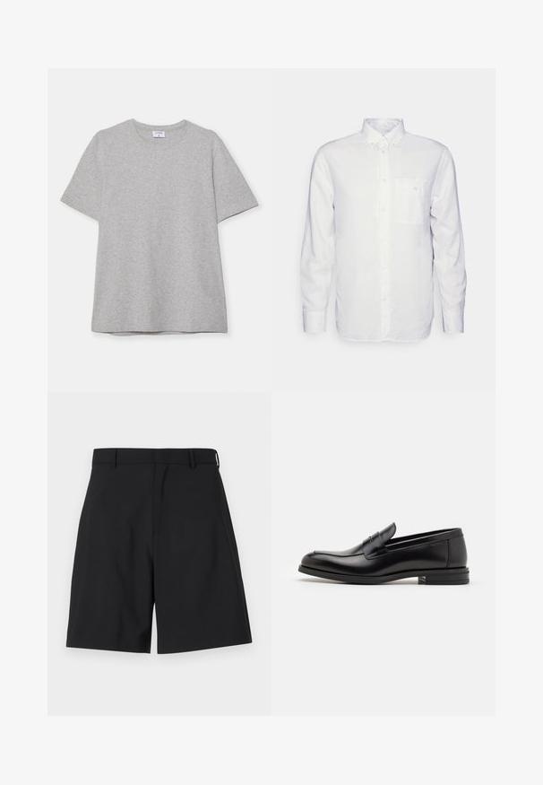 Grå kortærmet T-shirt lavet af blødt, struktureret stof. Har en klassisk rund hals og en lige kant, velegnet til afslappet brug.; Langærmet hvid skjorte lavet af bomuld, med en knap-down krave, brystlomme og almindelig pasform. Struktureret stof med en glat overflade.; Sorte shorts lavet af glat stof med et skræddersyet design, der har en flad front og to sidelommer samt en almindelig talje.; Sorte læderloafers med en glat overflade, rund tå og en dekorativ strop over vampen. Lav hæl med stabeldesign, minimalistisk stil.