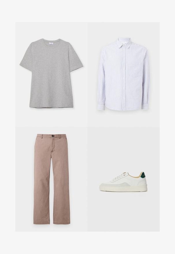 Pelēks īsā piedurkņu T-krekls, kas izgatavots no mīkstas, teksturētas auduma. Tam ir klasiskā apļa kakla izgriezums un taisna apakšmalā, piemērots ikdienas valkāšanai.; Svītraina kreklu ar pogām gaisā zilos un baltos toņos. Ievērojams ar norādītu apkakli, garām piedurknēm un vienu krūšu kabatu. Kokvilnas audums.; Brūnas kokvilnas bikses ar taisnu sagriezumu, priekšējām kabatām, jostu cilpām un augšējo pogu aizdari. Gluda tekstūra ar minimāliem šuvju detalizējumiem.; Baltas sneakers ar zamša akcentiem, noapaļota purngala, plakaniem auklām un krēmkrāsas gumijas zoli. Ar zaļu zīmolu uz papēža.