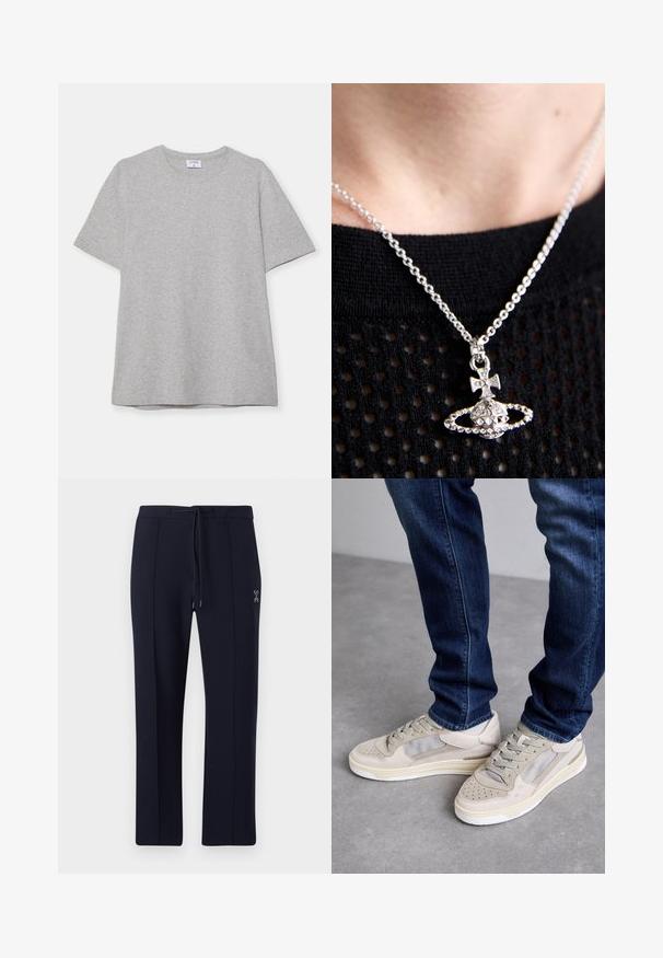 Gray short-sleeve T-shirt made from soft, textured fabric. Features a classic crew neck and a straight hem, suitable for casual wear.; Navy pants with a relaxed fit, featuring a drawstring waist and side pockets. Smooth fabric with subtle front pleats and logo detail.; Beige sneakers with mesh and suede accents, featuring perforated toe caps, flat laces, and a white sole. Paired with dark blue jeans.; Silver necklace with a textured pendant featuring a globe and cross, set against a black knit fabric background. Chain is delicate and round.