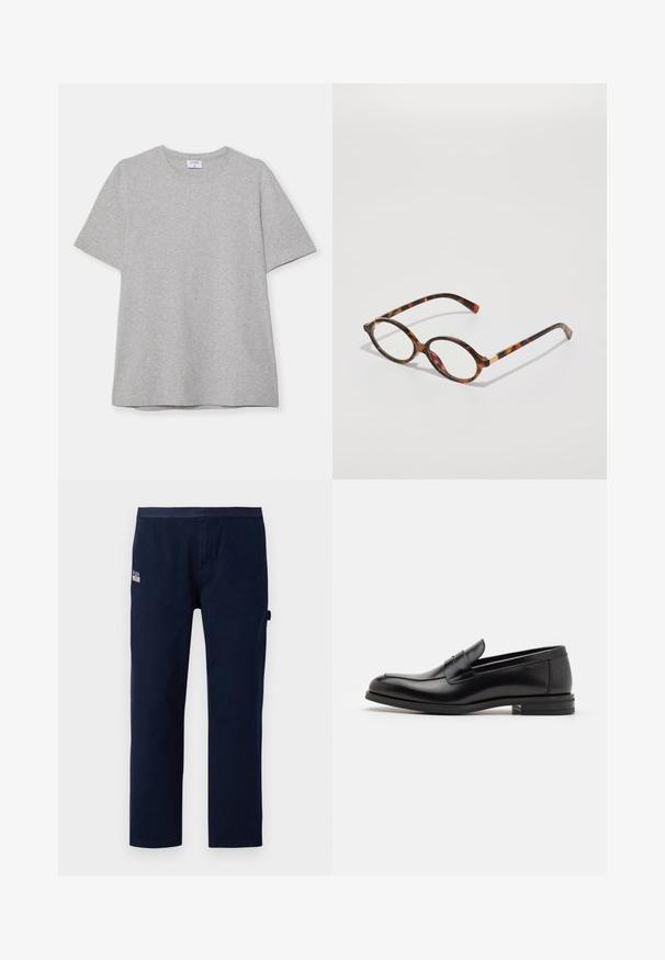 Hallhargist lühikeste varrukatega T-särk pehmest, tekstuuriga kangast. Omab klassikalist ümarat kaelust ja sirget allääret, sobides igapäevaseks kandmiseks.; Tume sinine puuvillane pükste sirge jala disainiga, millel on eesmine tasku ja väike brändisilt vööl.; Mustad mustad nahast loafers sileda tekstuuriga, ümarat ninaosa ja dekoratiivne riba vampi üle. Madal kihiline konts, minimalistlik disain.; Kilpkonnakoori prillid ovaalsete raamidega, selged läätsed ja kuldsed aksessuaarid. Omab kumeraid templeid ja sujuvat, läikivat viimistlust.