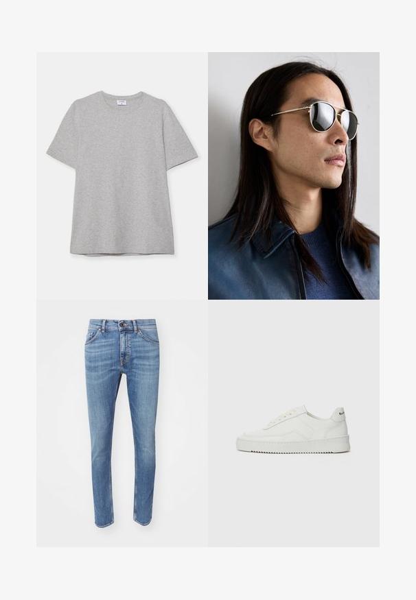 Siva majica s kratkim rukavima napravljena od mekane, teksturirane tkanine. Ima klasičan izrez oko vrata i ravni rub, prikladna za svakodnevno nošenje.; Plave traperice u uskom kroju, s pet džepova i suptilnim detaljima od blata. Imaju kopčanje na dugme i kontrastne šavove.; Bijele kožne tenisice s glatkom površinom, okruglim vrhom, ravnim vezicama i teksturiranom potplatom. Imaju suptilan logo na peti.; Metalne sunčane naočale s reflektirajućim lećama, u obliku avijatora, srebrnog okvira i detaljima na sljepoočnicama. Nosi se uz plavi pulover i jaknu.