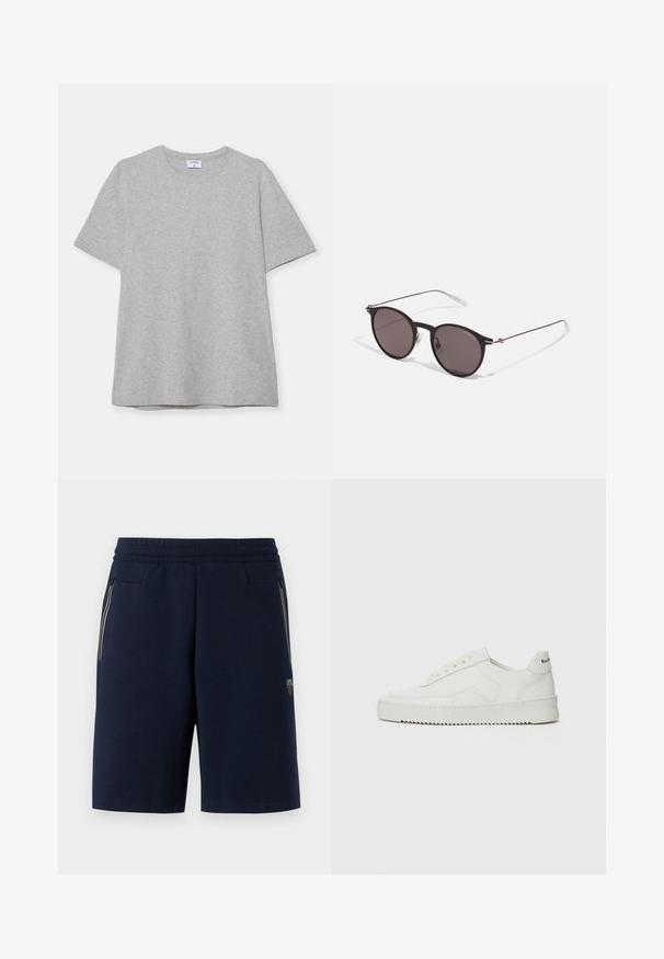 Grå kortermet T-skjorte laget av myk, teksturert stoff. Har en klassisk rund hals og en rett kant, passende for uformell bruk.; Mørkeblå shorts laget av myk stoff, med ribbestrikket liv, sidelommer med glidelås, og en liten logo-patch på nedre venstre bein.; Hvite lærersneakers med en jevn overflate, rund tå, flate lisser og en teksturert såle. Har en subtil logo på hælen.; Sorte, runde solbriller med mørke linser og slanke metalarmer. Inkluderer klare temple tips og sølvfargede detaljer ved hengslet. Minimalistisk design.
