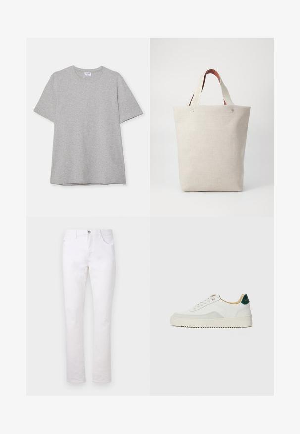 Šedé tričko s krátkým rukávem vyrobené z měkké, texturované látky. Disponuje klasickým kulatým výstřihem a rovného lemu, vhodné pro každodenní nošení.; Bílé denimové džíny s rovným střihem, vybavené dvěma předními kapsami, jednou zadní kapsou a kovovým zapínáním na knoflík v pase.; Bílé tenisky se semišovými prvky, kulatou špičkou, plochými tkaničkami a krémovou gumovou podrážkou. Na patě mají zelené logo.; Tote taška ze světle béžové látky s texturovaným povrchem, která má dvě kontrastní hnědé kožené ucha a kovové detaily nahoře.