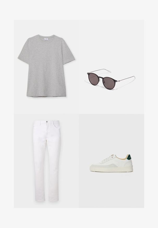 Gray short-sleeve T-shirt made from soft, textured fabric. Features a classic crew neck and a straight hem, suitable for casual wear.; White denim jeans with a straight leg design, featuring two front pockets, a back pocket, and a metal button closure at the waist.; White sneaker with suede accents, rounded toe, flat laces, and a cream rubber sole. Features green branding on the heel.; Black round sunglasses with dark lenses and slim metal arms. Includes clear temple tips and silver accents at the hinge. Minimalist design.