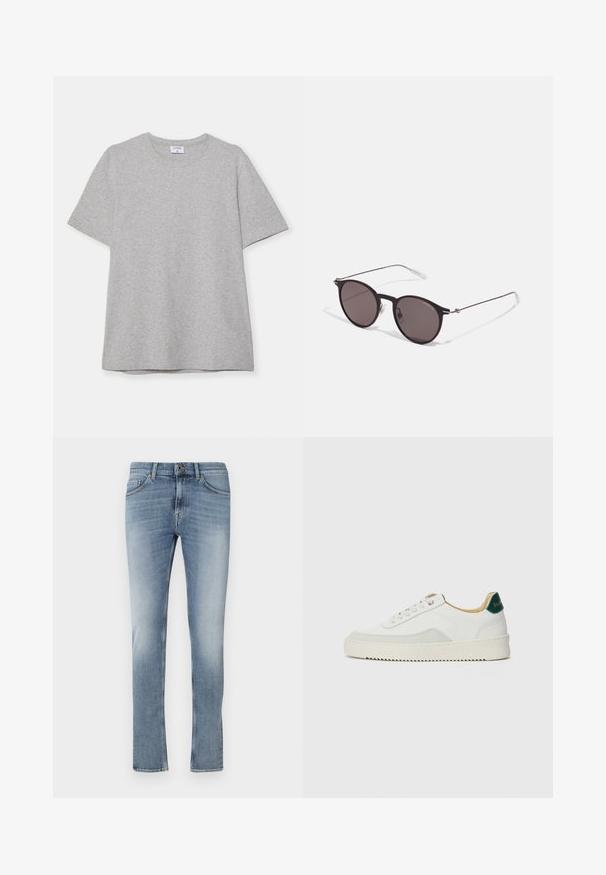 Camiseta gris de manga corta hecha de una tela suave y texturizada. Presenta un cuello redondo clásico y un dobladillo recto, adecuada para uso casual.; Vaqueros de mezclilla azul claro con un diseño de pierna recta, que presentan un cierre de botones, bolsillos frontales y un ligero desgaste en los muslos.; Zapatilla blanca con acentos de ante, puntera redondeada, cordones planos y suela de goma color crema. Presenta un logo verde en el talón.; Gafas de sol redondas negras con lentes oscuros y brazos metálicos delgados. Incluye puntas de varilla transparentes y acentos plateados en la bisagra. Diseño minimalista.