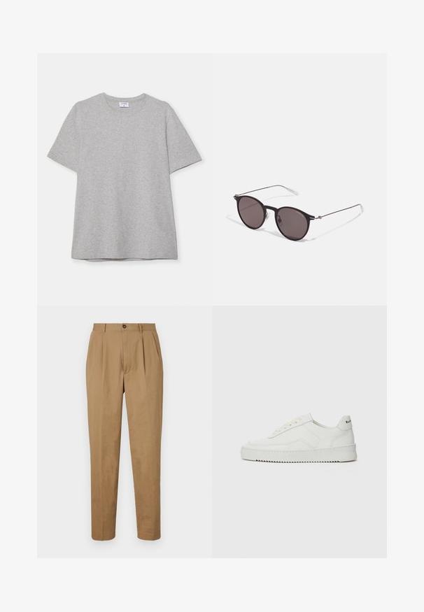 Graues T-Shirt mit kurzen Ärmeln aus weichem, strukturiertem Stoff. Verfügt über einen klassischen Rundhalsausschnitt und einen geraden Saum, geeignet für legere Trageanlässe.; Sandfarbene, plissierte Hose mit geradem Schnitt, aus einem glatten Stoff hergestellt. Verfügt über einen vorne liegenden Knopfverschluss und Seitentaschen.; Weiße Ledersneaker mit glatter Oberfläche, runder Zehenpartie, flachen Schnürsenkeln und strukturiertem Sohlenprofil. Mit einem dezenten Logo an der Ferse.; Schwarze runde Sonnenbrille mit dunklen Gläsern und schlanken Metallbügeln. Enthält klare Tempelspitzen und silberne Akzente am Scharnier. Minimalistisches Design.