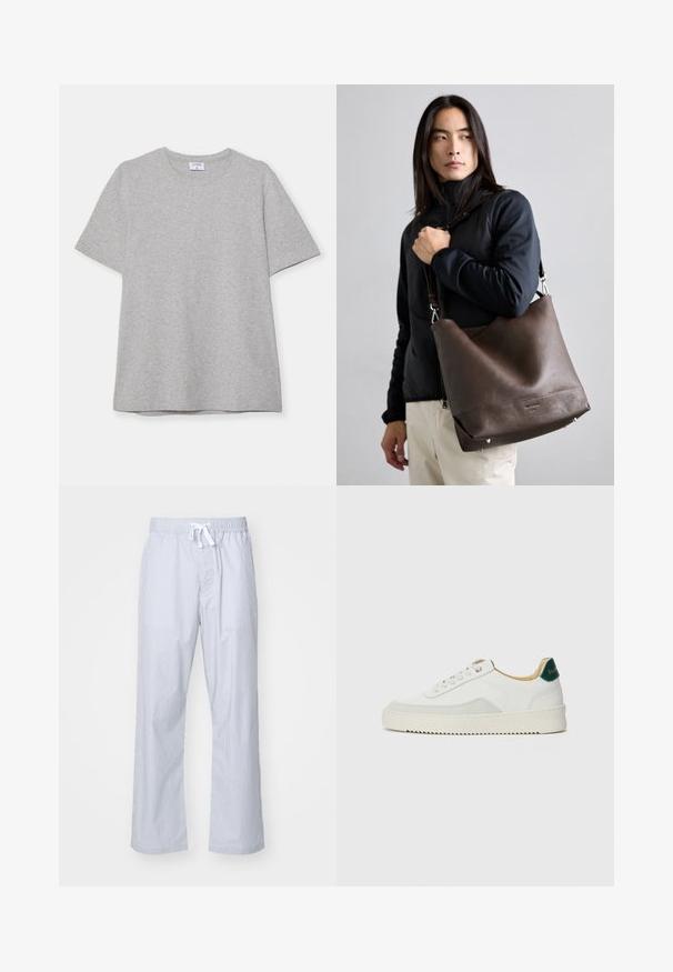 Sivá krátke rukávové tričko vyrobené z mäkkej, textúrnej látky. Má klasický okrúhly výstrih a rovný lem, ideálne na neformálne nosenie.; Světle modré pruhované pyžamové kalhoty s elastickým pasem a stahovací šňůrkou. Vyrobené z hladké tkaniny, s uvolněným střihem a rovnými nohavicemi.; Biele tenisky s semišovými akcentmi, zaoblenou špičkou, plochými šnúrkami a krémovou gumovou podrážkou. Na päte sú zelené značky.; Hnedá kožená kabelka na rameno s voľným dizajnom, textúrovaným povrchom, kovovými striebornými doplnkami a bočnými cvočkami, nosená pomocou odnímateľného popruhu.