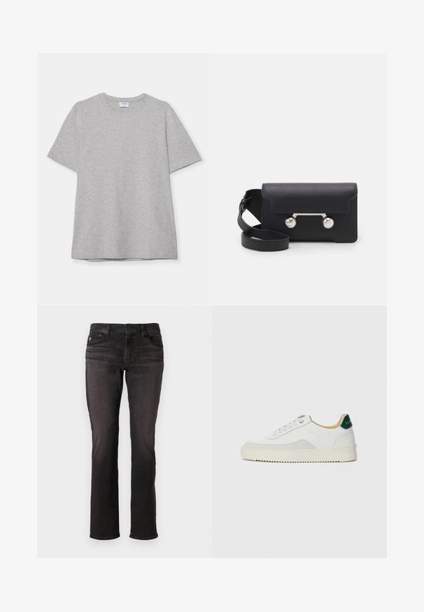 Pilkas trumpas rankovėmis marškinėliai, pagaminti iš minkštos, tekstūruotos medžiagos. Turi klasikinį apvalų kaklą ir tiesų apatinį kraštą, tinkamą kasdieniam dėvėjimui.; Juodos džinsinės kelnės tiesaus modelio, penkių kišenių stiliaus, su mygtuko užsegimu. Lygus paviršius su minimaliu blukimu, be raštų.; Baltos sportbačiai su zomšos akcentais, apvaliu nosiu, plokščiais raišteliais ir kreminės spalvos guminiu padu. Ant kulno yra žalia ženklinimo detalė.; Juodas odinis kryžminis krepšys su sklendės uždarymu, sidabro spalvos detalėmis ir dviem apvaliais akcentais. Yra nusiimamas diržas. Lygus paviršius.