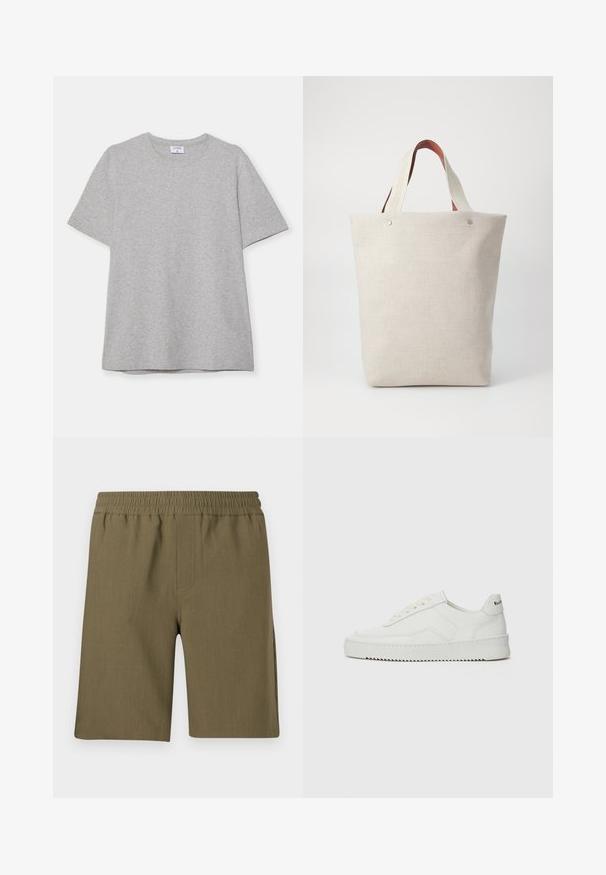 Harmaa lyhythihainen T-paita, joka on valmistettu pehmeästä ja teksturoidusta kankaasta. Varustettu klassisella pyöreällä pääntiellä ja suoraselkäisellä helman kanssa, sopii rentoon pukeutumiseen.; Samsøe Samsøe SMITH - Shortsit - four leaf clover; Valkoinen nahkakenkä, jossa on sileä pinta, pyöreä kärki, tasaiset nauhat ja teksturoitu pohja. Sisältää huomaamattoman logon kantapäässä.; Kangaskassi vaaleanbeigeessä, tekstuuripinnassa, jossa on kaksi erottuvaa ruskeaa nahkahandlaa ja metallikoristeita ylhäällä.