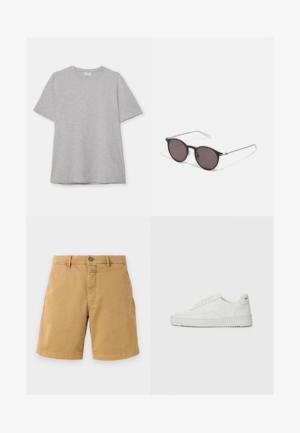 T-shirt scurt gri, fabricat dintr-un material moale și texturat. Dispune de un guler clasic și o margine dreaptă, fiind potrivit pentru purtarea zilnică.; Shorts bej din bumbac, cu închidere cu buton, bucle pentru curea și margini cusute. Prezintă două buzunare frontale și un design clasic, cu picioare drepte.; Sneakers din piele albă cu un finisaj neted, vârf rotund, șireturi plate și o talpă texturată. Prezintă un logo subtil pe călcâi.; Ochelari de soare negri rotunzi cu lentile întunecate și brațe metalice subțiri. Include vârfuri transparente pentru brate și accente argintii la balama. Design minimalist.