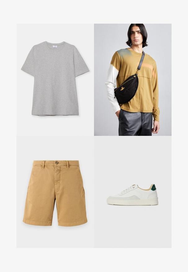 Szürke, rövid ujjú póló, puha, texturált anyagból készült. Klasszikus környakú és egyenes fazonú, alkalmas hétköznapi viseletre.; Beige pamut rövidnadrág gombos záródással, övhurkokkal és díszvarrásos szegéssel. Két elülső zsebbel és klasszikus, egyenes lábformával rendelkezik.; Fehér sneaker suédé részletekkel, kerek orral, lapos fűzőkkel és krémszínű gumitalppal. Zöld logó található a sarkán.; Vivienne Westwood CITY BUMBAG UNISEX - Övtáska - black