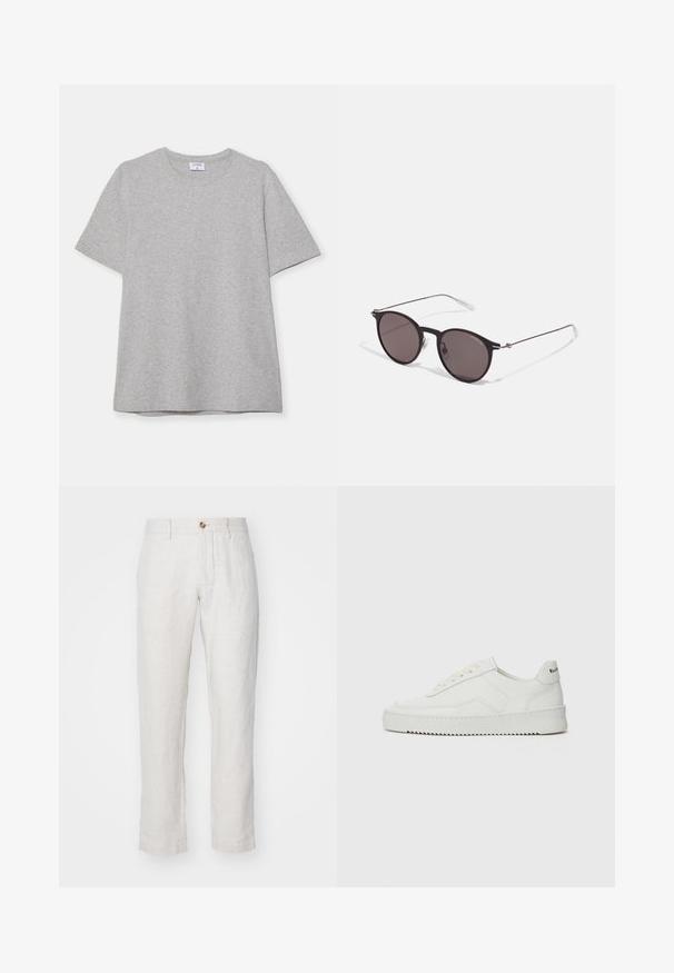 Grå kortermet T-skjorte laget av myk, teksturert stoff. Har en klassisk rund hals og en rett kant, passende for uformell bruk.; NN.07 THEO - Bukse - beige; Hvite lærersneakers med en jevn overflate, rund tå, flate lisser og en teksturert såle. Har en subtil logo på hælen.; Sorte, runde solbriller med mørke linser og slanke metalarmer. Inkluderer klare temple tips og sølvfargede detaljer ved hengslet. Minimalistisk design.