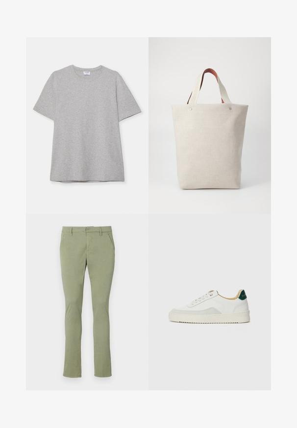Graues T-Shirt mit kurzen Ärmeln aus weichem, strukturiertem Stoff. Verfügt über einen klassischen Rundhalsausschnitt und einen geraden Saum, geeignet für legere Trageanlässe.; Hellgrüne Chinos mit schlanker Passform, aus weichem Stoff. Verfügt über eine flache Vorderseite, zwei Seitentaschen und einen klassischen Bund ohne Verzierungen.; Weiße Sneaker mit Wildlederelementen, runder Zehenpartie, flachen Schnürsenkeln und einer cremefarbenen Gummisohle. Mit grünen Markenlogo am Fersenbereich.; Tote-Tasche aus hellbeigem Stoff mit strukturiertem Finish, ausgestattet mit zwei kontrastierenden braunen Ledergriffen und Metallakzenten oben.