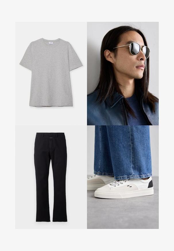 Szary krótki rękaw T-shirt wykonany z miękkiego, fakturowanego materiału. Posiada klasyczny okrągły dekolt i prosty dół, idealny do noszenia na co dzień.; Czarne bawełniane spodnie o prostym kroju, z zapięciem na guziki z przodu i dwoma bocznymi kieszeniami; gładka tekstura bez widocznych wzorów.; Białe i czarne sneakersy z gładką skórzaną cholewką, teksturowanymi akcentami oraz masywną białą podeszwą. Posiadają klasyczny system sznurowania.; Metalowe okulary przeciwsłoneczne z lustrzanymi soczewkami, w kształcie awiaczy, z srebrną oprawką i detalami na zausznikach. Noszone z niebieskim swetrem i kurtką.