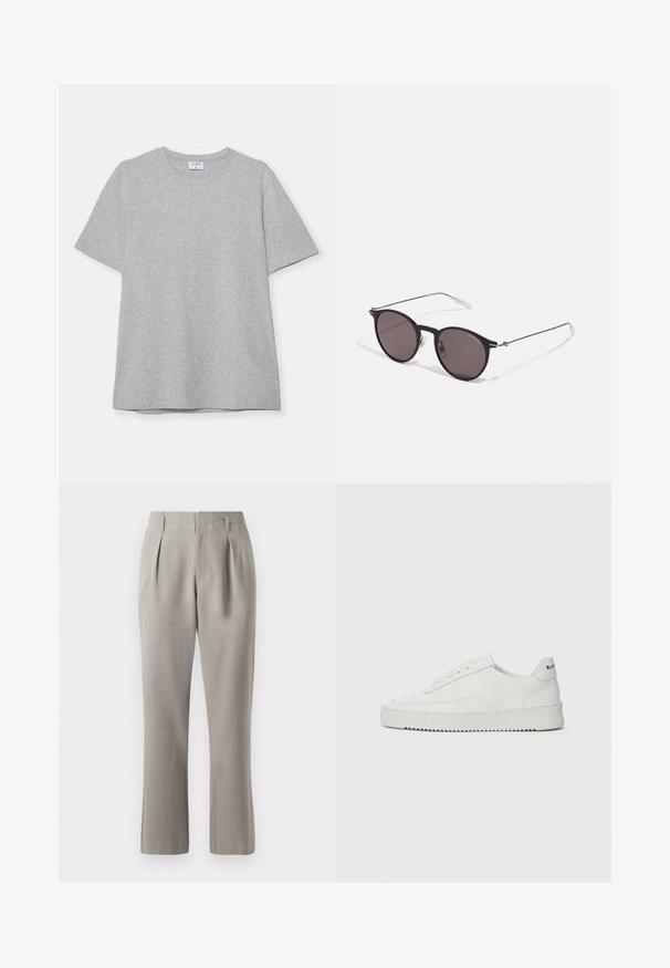 Sivá krátke rukávové tričko vyrobené z mäkkej, textúrnej látky. Má klasický okrúhly výstrih a rovný lem, ideálne na neformálne nosenie.; Sivé nohavice na mieru s hladkým povrchom, s prednými záhybmi, pútkom na opasok a rovnými nohami. Materiál sa zdá byť pevným a ľahkým.; Biele kožené tenisky s hladkým povrchom, okrúly špičkový dizajn, ploché šnúrky a textúrovaná podrážka. Obsahujú jemné logo na päte.; Čierne okrúhle slnečné okuliare s tmavými sklami a tenkými kovovými ramenami. Obsahujú priehľadné konce rámov a strieborné akcenty na pántoch. Minimalistický dizajn.