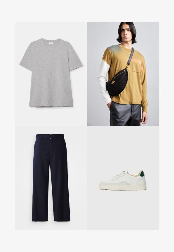 Grijze T-shirt met korte mouwen, gemaakt van zacht, textuurstof. Heeft een klassieke ronde hals en een rechte zoom, geschikt voor casual dragen.; Navy blauwe wijde broek gemaakt van textiel, met een riem met een zilveren gesp en een rechte snit, benadrukt door strakke lijnen.; Witte sneaker met suède accenten, ronde neus, platte veters en een crème rubberen zool. Bevat groene branding op de hiel.; Vivienne Westwood CITY BUMBAG UNISEX - Heuptas - black