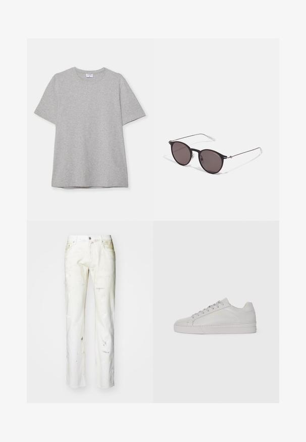 Harmaa lyhythihainen T-paita, joka on valmistettu pehmeästä ja teksturoidusta kankaasta. Varustettu klassisella pyöreällä pääntiellä ja suoraselkäisellä helman kanssa, sopii rentoon pukeutumiseen.; Valkoiset farkut suoralla leikkauksella. Ominaisuuksiin kuuluvat näkyvät maalikohdat, vetoketjukiinnitys ja viisi taskua. Pehmeä materiaali, jossa on hieman kulunut ilme.; Vaaleanharmaat nahkaurheilukengät, joissa on sileä pinta, pyöreä kärki, litteä kumipohja ja sävyyn sopivat nauhat. Sisältää minimaalista brändäystä kultaisena.; Musta pyöreä aurinkolasit tummilla linsseillä ja kapeilla metallikehyksillä. Sisältää kirkkaat temppelet ja hopeiset yksityiskohdat saranassa. Minimalistinen muotoilu.