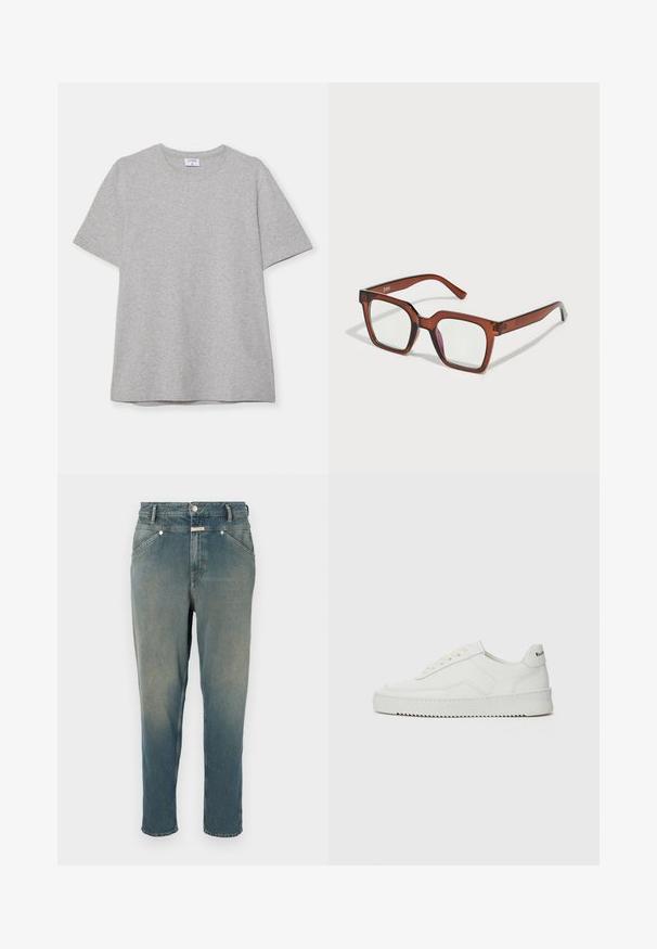 Pilkas trumpas rankovėmis marškinėliai, pagaminti iš minkštos, tekstūruotos medžiagos. Turi klasikinį apvalų kaklą ir tiesų apatinį kraštą, tinkamą kasdieniam dėvėjimui.; Laisvi džinsai blukusio mėlynumo, tiesaus kirpimo su aukštu liemeniu. Pasižymi diržo kilpomis, penkiomis kišenėmis ir metaliniu užsegimu. Lengvai nudėvėtas paviršius.; Balti odiniai sportiniai bateliai su lygia apdaila, apvaliu pirštu, plokščiais raišteliais ir tekstūruotu padu. Pasižymi subtiliu logotipu ant kulno.; Rudos per didelius stačiakampius akinius su skaidriais lęšiais ir šiek tiek rožiniu atspalviu dešiniajame lęšyje. Plastiko rėmas su lygiu paviršiumi.