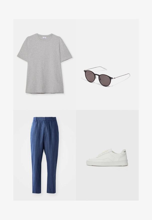 Hallhargist lühikeste varrukatega T-särk pehmest, tekstuuriga kangast. Omab klassikalist ümarat kaelust ja sirget allääret, sobides igapäevaseks kandmiseks.; Tumed sinine linane püksid, millel on lõdva istuvuse ja elastne vöökoht ning kitsenevad säärted. Omab sujuvat tekstuuri ja minimaalset õmblusdetaili.; Valge nahast tennis, millel on sile põhi, ümar varvas, lamedad nöörid ja tekstuuriline tall. Sisaldab diskreetset logo kontsaribal.; Mustad mustad prillid tumedate läätsedega ja õhukeste metallist käepidemetega. Kaarja kujuga seljaosa ja hõbedased aktsendid hingel. Minimalistlik disain.