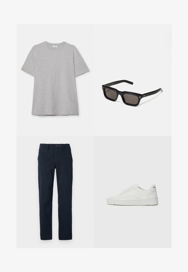 T-shirt grigio a maniche corte realizzato in morbido tessuto testurizzato. Presenta un classico colletto a girocollo e un orlo dritto, adatto per un abbigliamento casual.; Chino in cotone blu navy con design a gamba dritta, dotato di chiusura a bottone, passanti per cintura e tasche laterali. Texture minimale, senza motivi.; Sneaker in pelle bianca con una finitura liscia, punta rotonda, lacci piatti e suola testurizzata. Presenta un logo discreto sul tallone.; Occhiali da sole neri rettangolari con lenti scure, montatura spessa in plastica, dettagli dorati sulle tempie e logo del marchio inciso sull'asta.