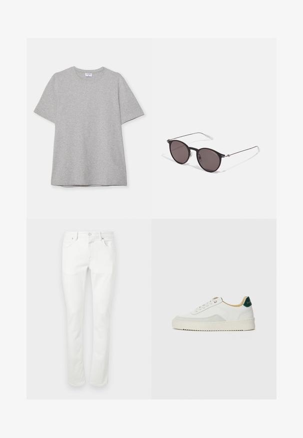 Harmaa lyhythihainen T-paita, joka on valmistettu pehmeästä ja teksturoidusta kankaasta. Varustettu klassisella pyöreällä pääntiellä ja suoraselkäisellä helman kanssa, sopii rentoon pukeutumiseen.; Valkoiset farkut, joissa on suora leikkaus, viisi taskua ja metallinen napitus. Sujuva pinta ja vähäiset ompelutiedot.; Valkoiset tennarit, joissa on nahkaosia, pyöreä kärki, tasaiset nauhat ja kermaisa kumi-pohja. Takana vihreä brändäys.; Musta pyöreä aurinkolasit tummilla linsseillä ja kapeilla metallikehyksillä. Sisältää kirkkaat temppelet ja hopeiset yksityiskohdat saranassa. Minimalistinen muotoilu.