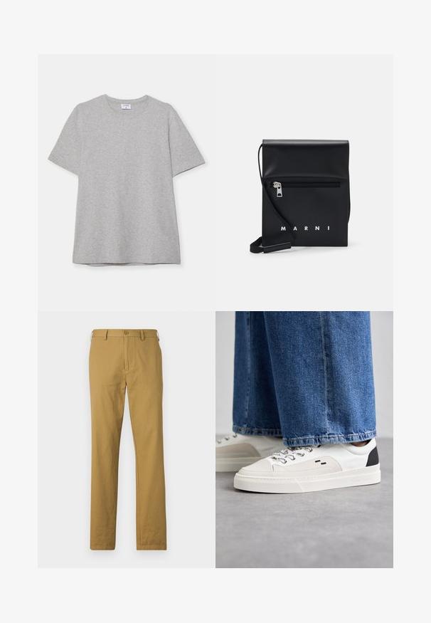 Gray short-sleeve T-shirt made from soft, textured fabric. Features a classic crew neck and a straight hem, suitable for casual wear.; Beige cotton trousers with a straight cut, front pockets, and a button closure. Smooth texture and minimal design, no visible patterns.; White and black sneakers with a smooth leather upper, textured accents, and a chunky white sole. Features a classic lace-up design.; Black leather crossbody bag with a zippered front pocket, embossed logo, and adjustable strap. Smooth texture with a structured shape.